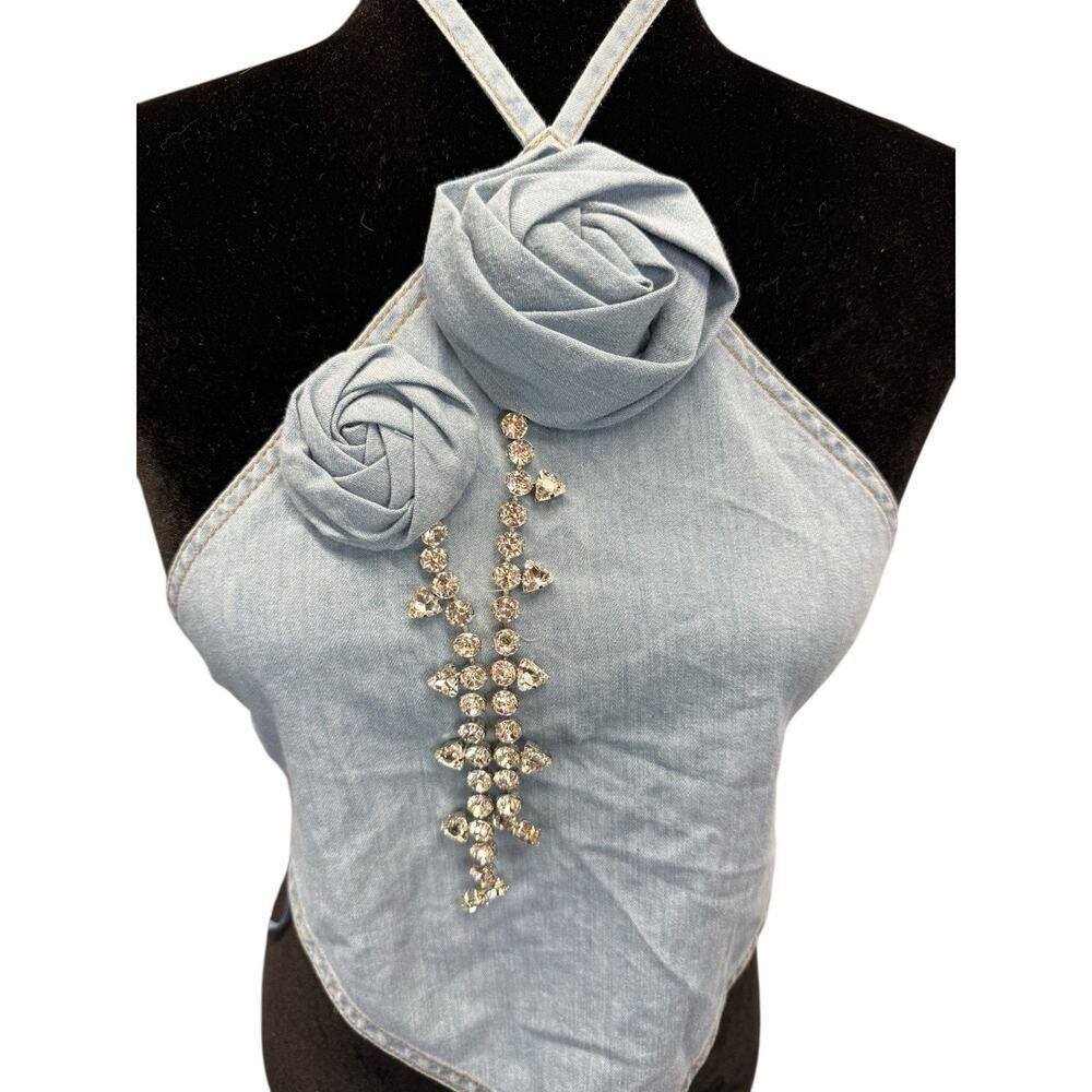AREA Floral Appliqué Denim Halter Top Super Light Blue Medium 100% Cotton - Picture 7 of 12